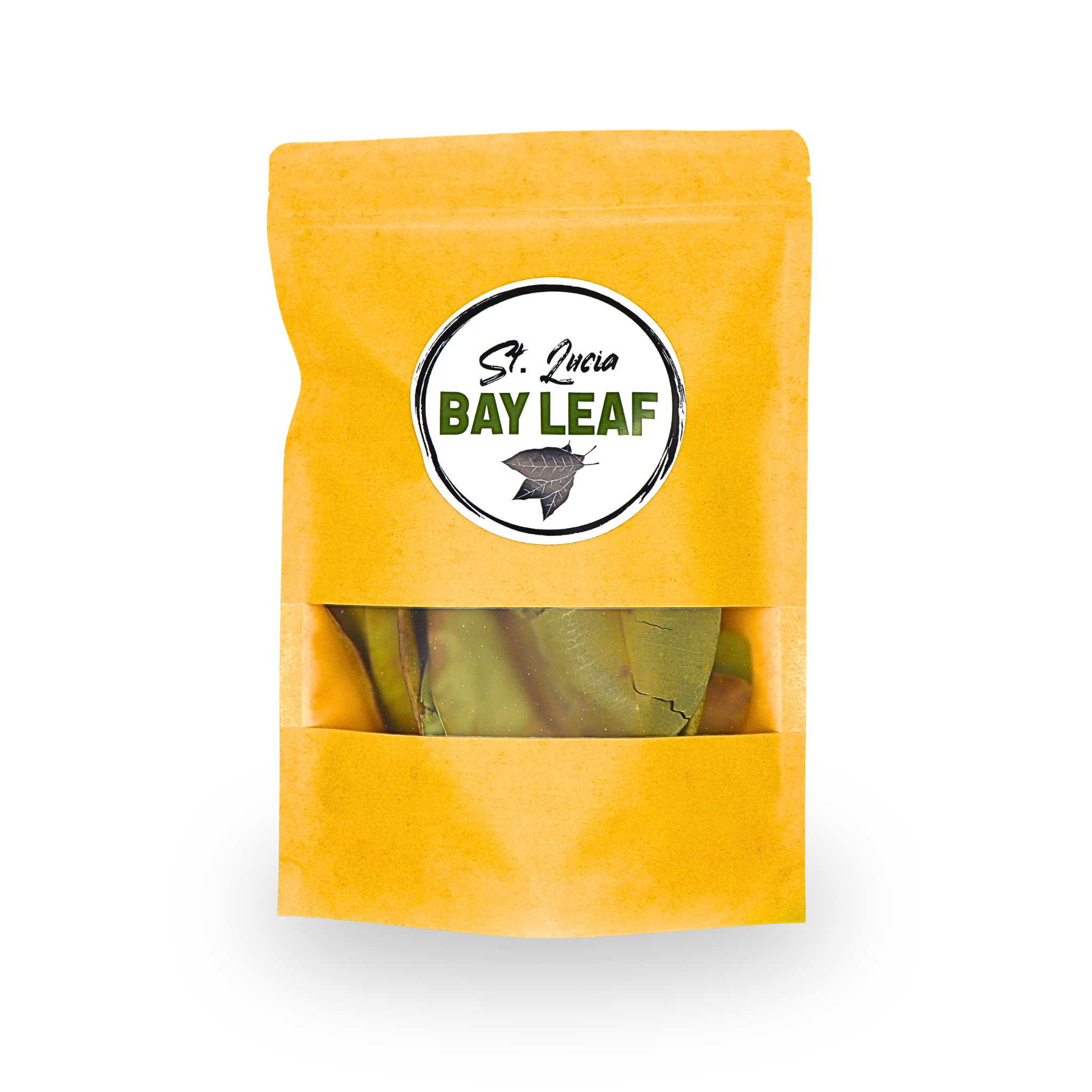 Yellow package of St. Lucia Bay Leaf on a white background