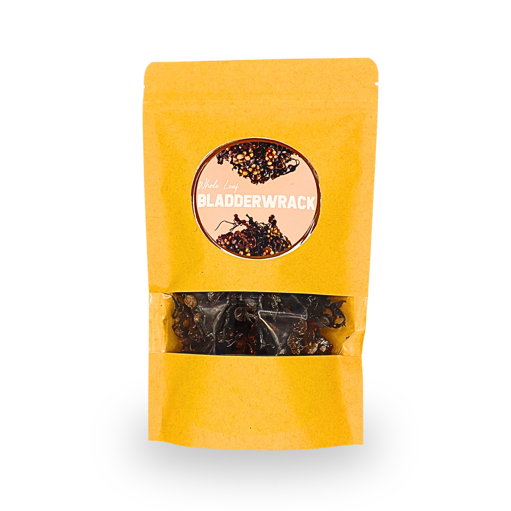 Yellow package of bladderwrack with visible contents on a white background