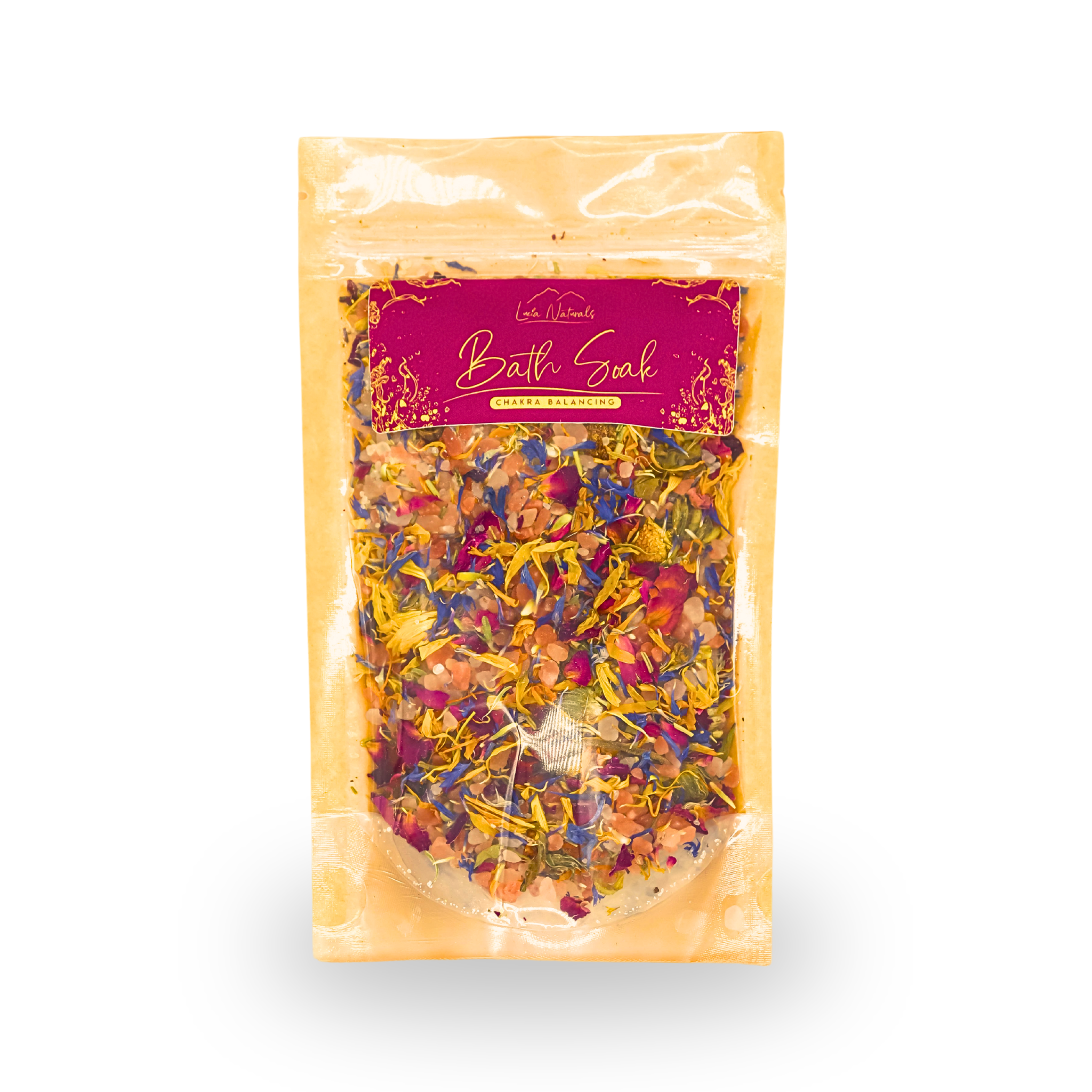 Packaged bath soak with colorful ingredients on a white background