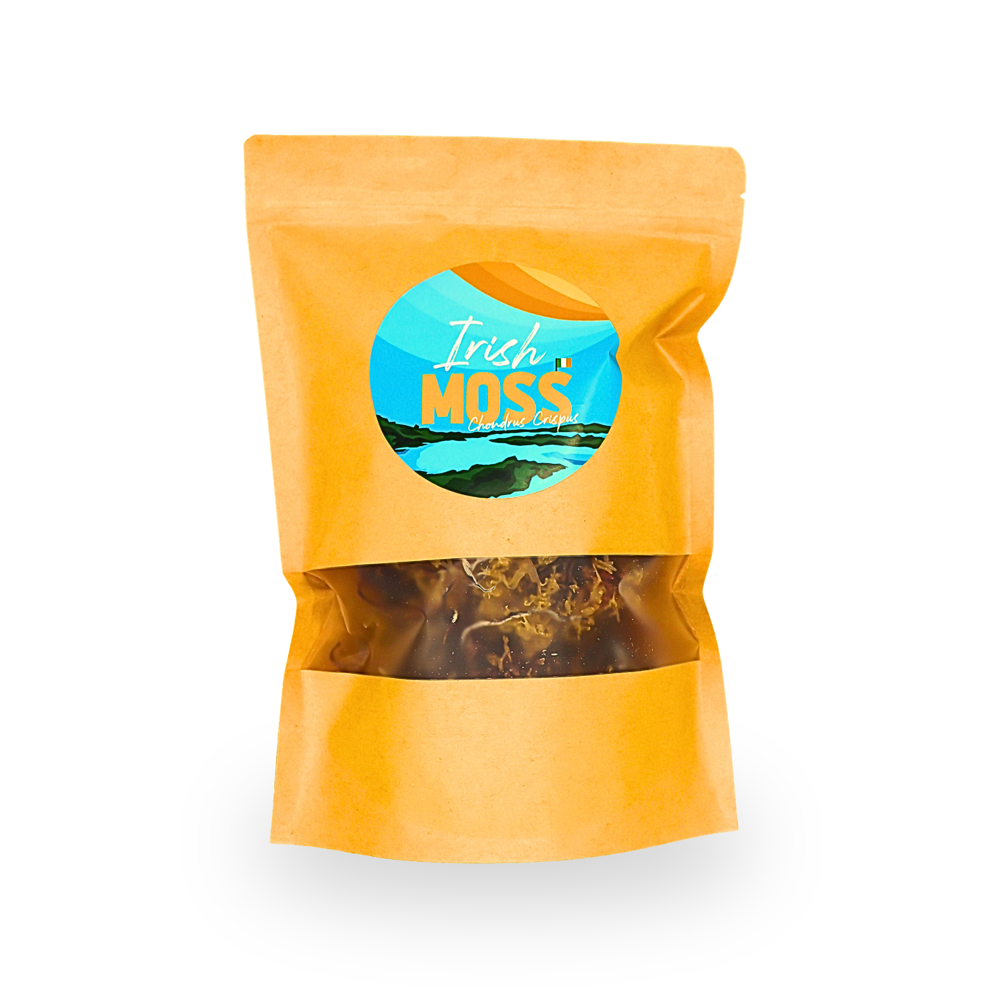 Yellow package of 'Irish Moss' on a white background chondrus crispus uk