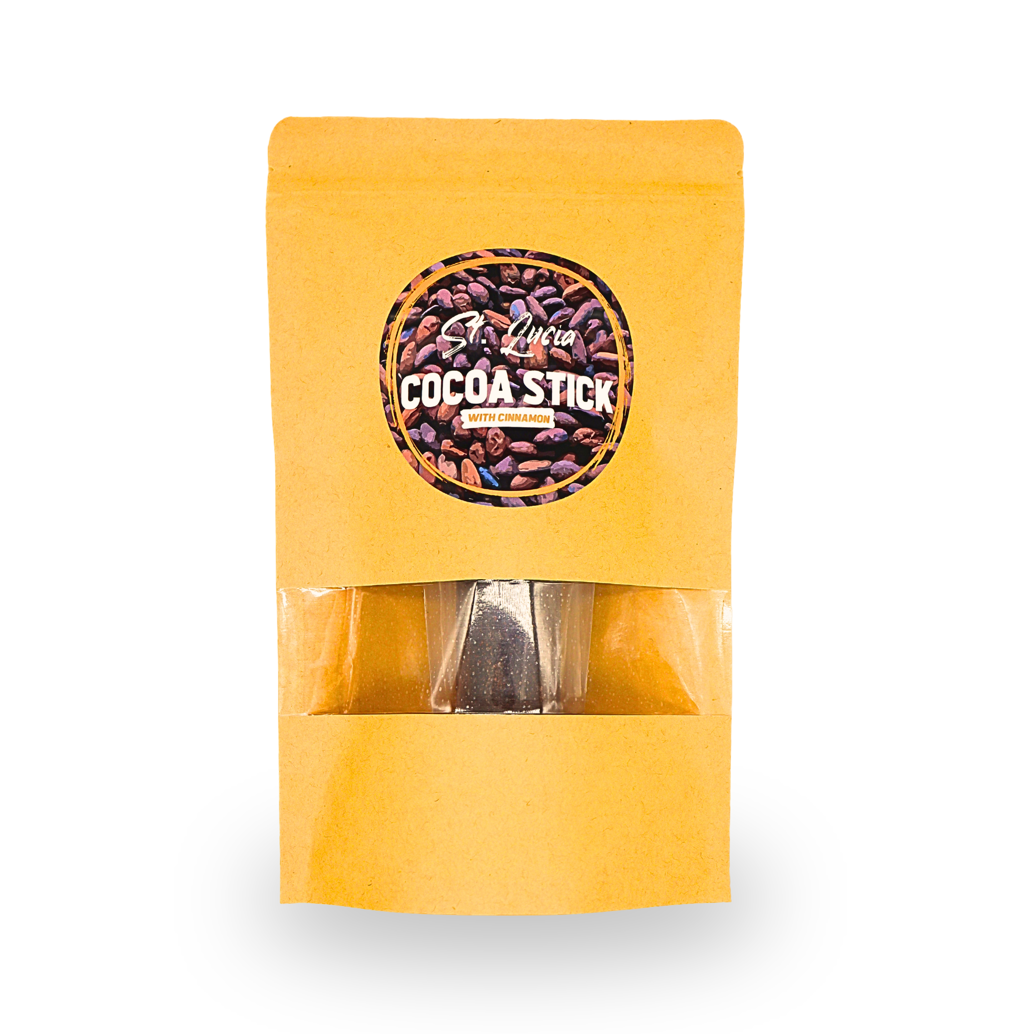 Yellow packaging of a cocoa stick with a clear window showing the product inside.