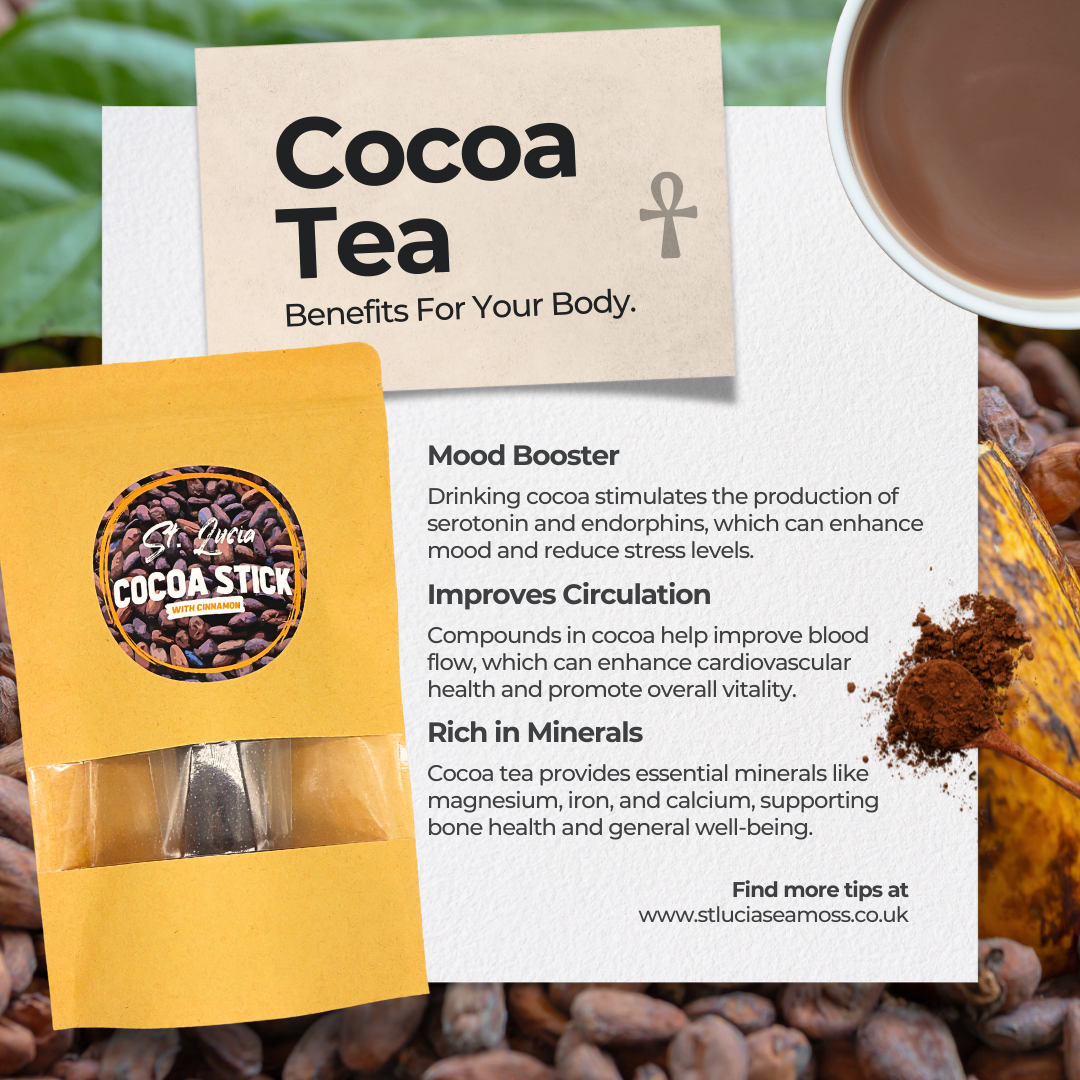 Cocoa tea package with benefits text and a cup of cocoa tea on a natural background.