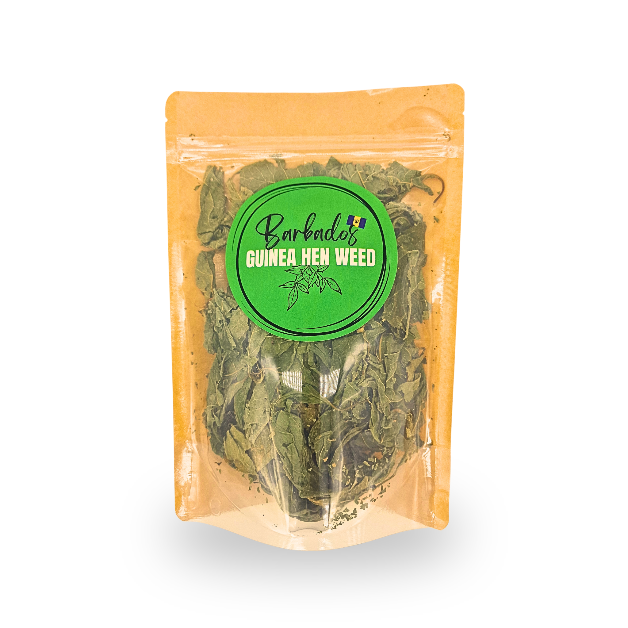 Packaged herb with a green label on a white background