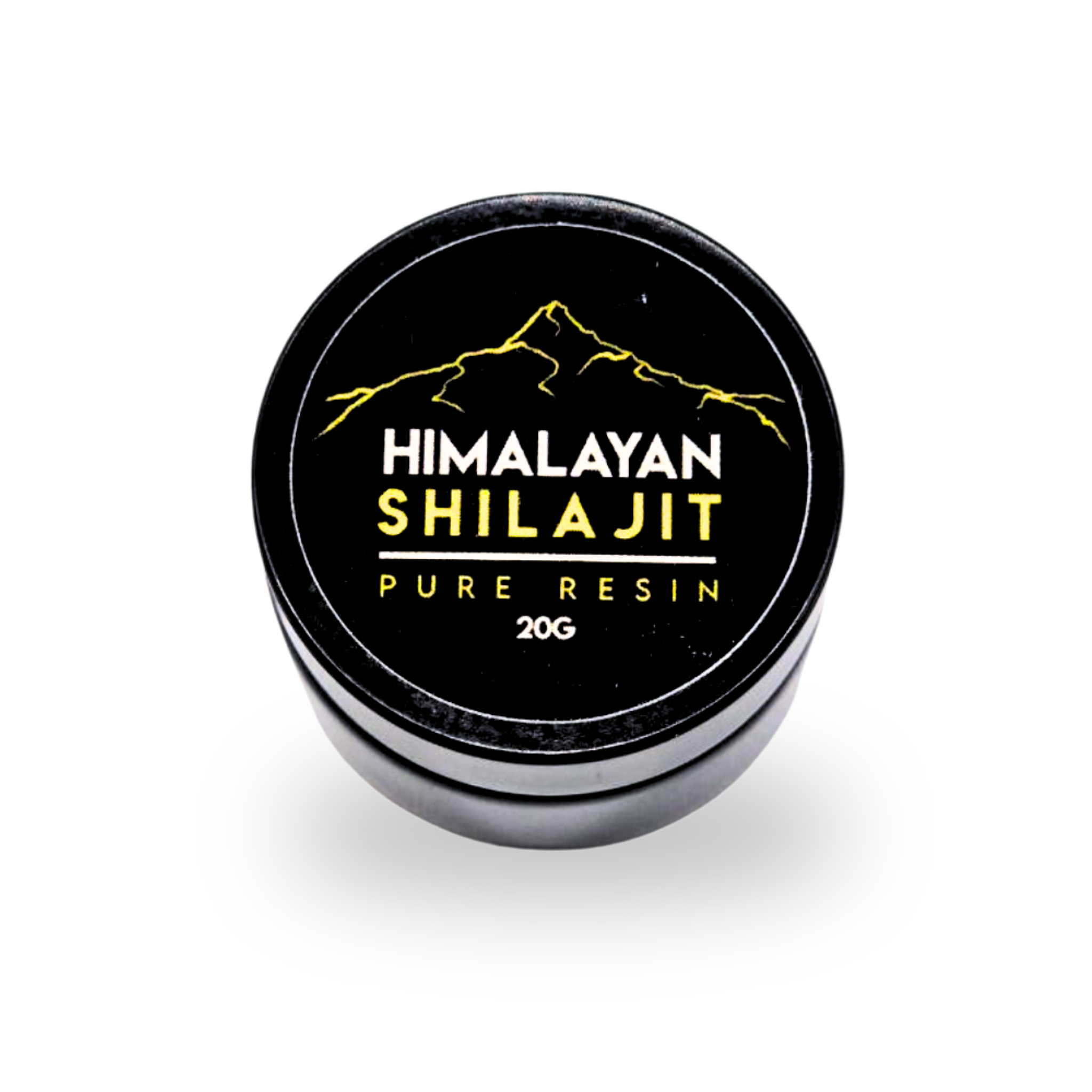 Himalayan Shilajit container with black lid on a white background