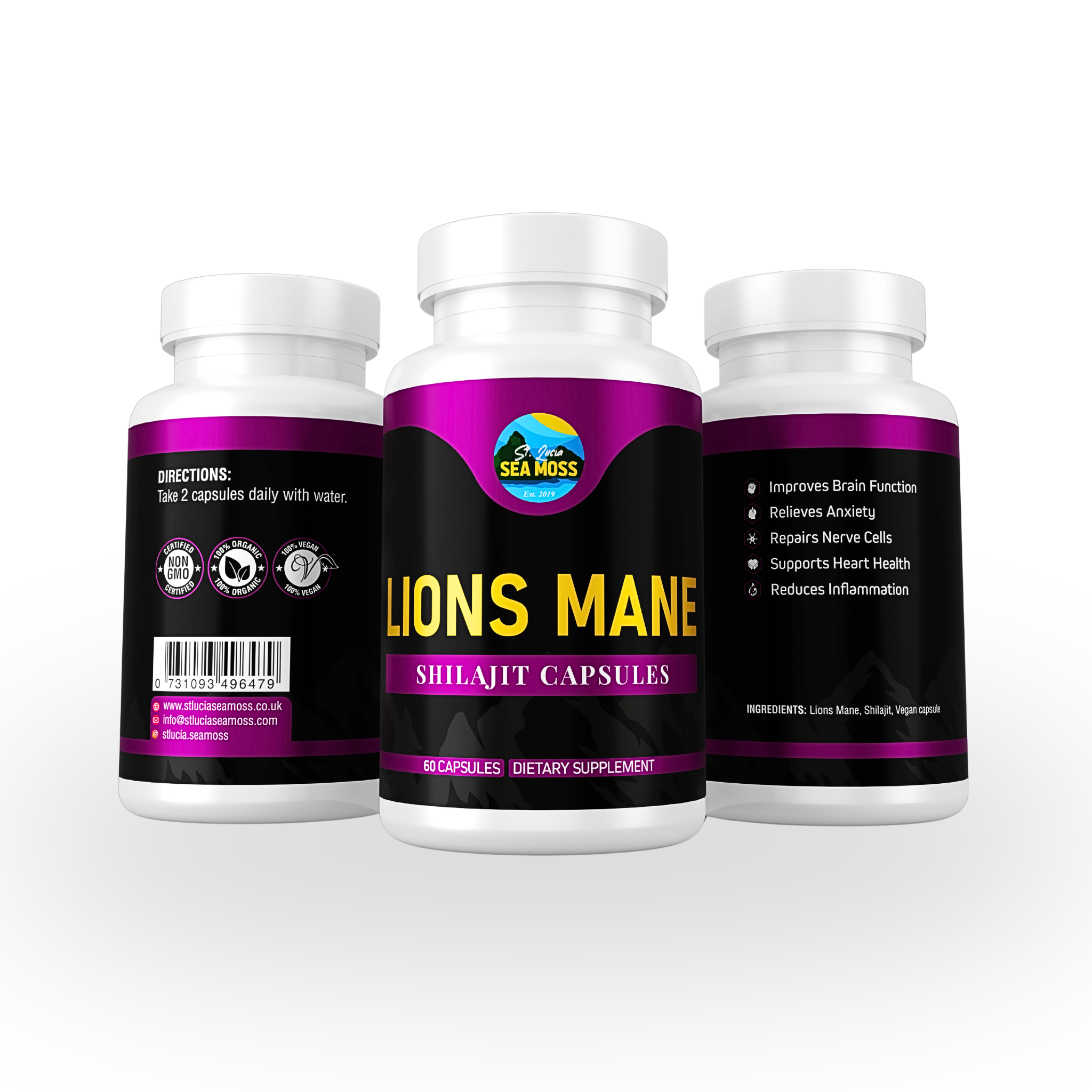 Three bottles of Lions Mane Shilajit Capsules on a white background