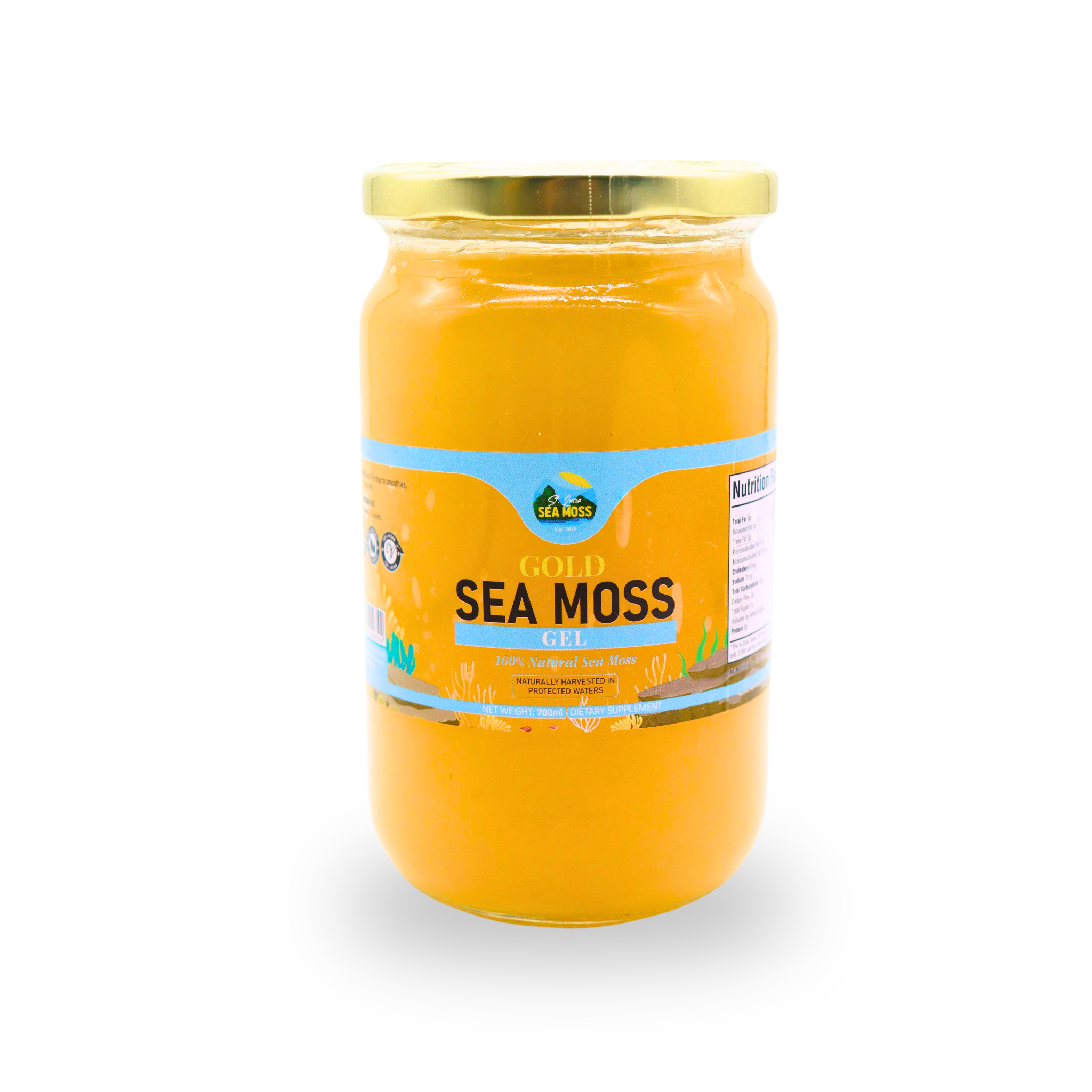 Jar of Gold Sea Moss gel with a gold lid on a white background