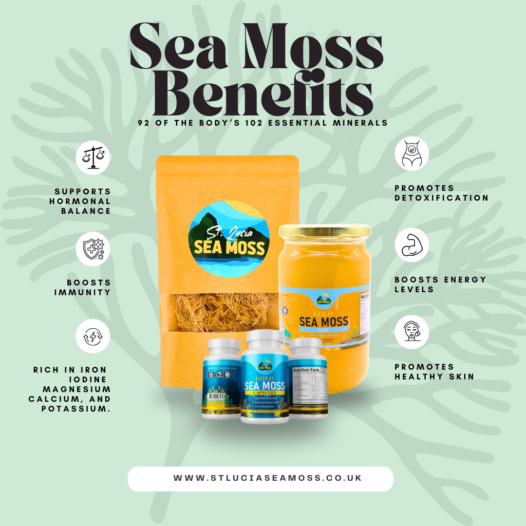 Sea Moss products with benefits listed on a light green background