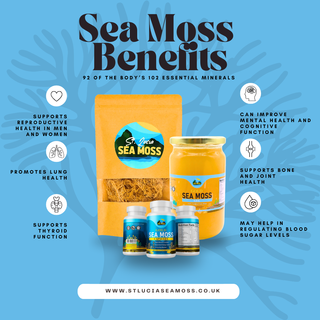 Sea moss products with benefits listed on a blue background
