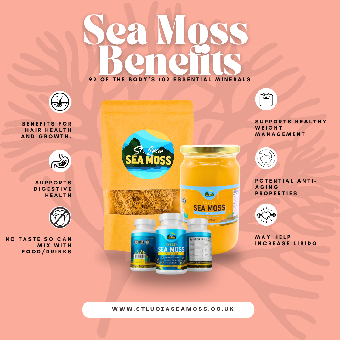 Sea Moss products with benefits listed on a pink background