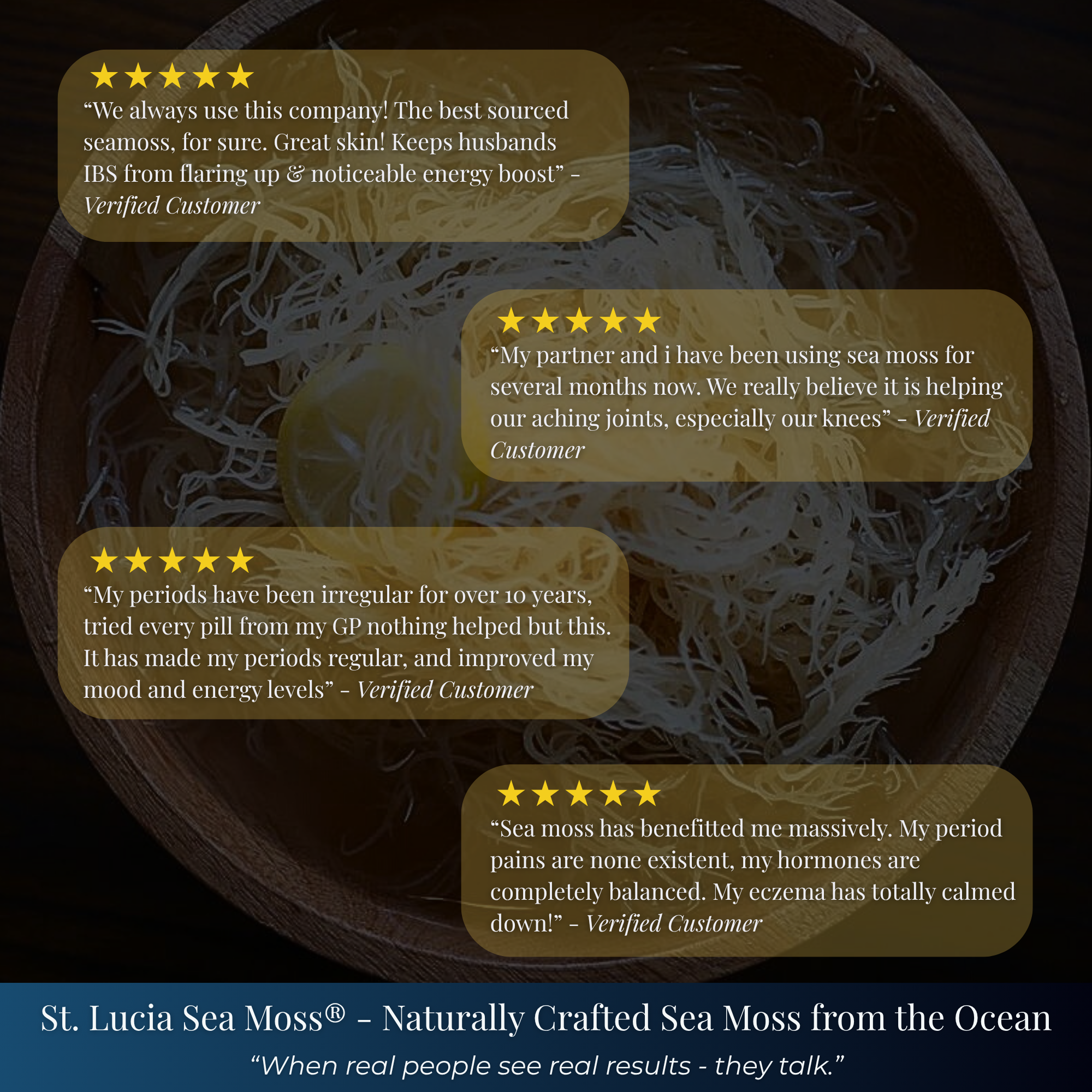 St. Lucia Sea Moss with customer testimonials on a dark background