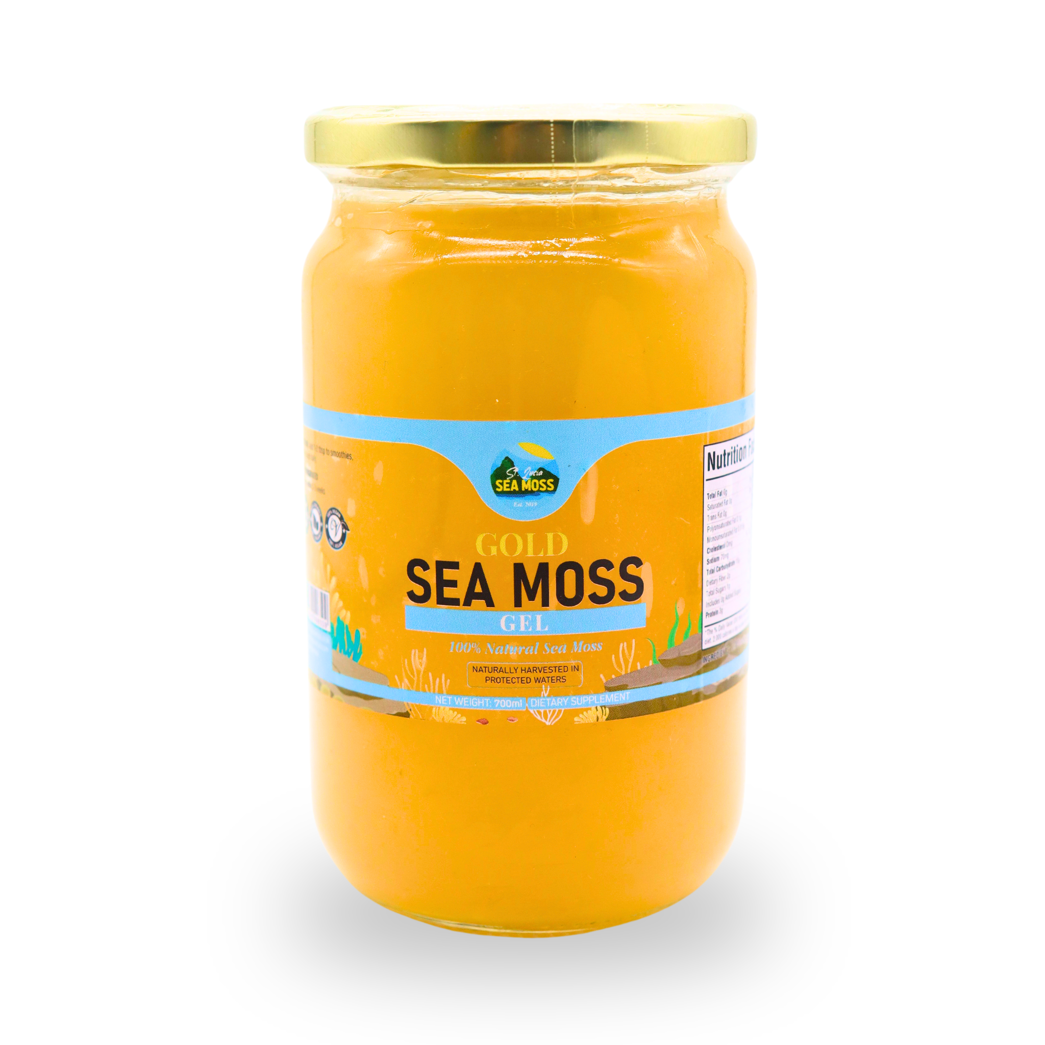 Jar of Gold Sea Moss Gel on a white background