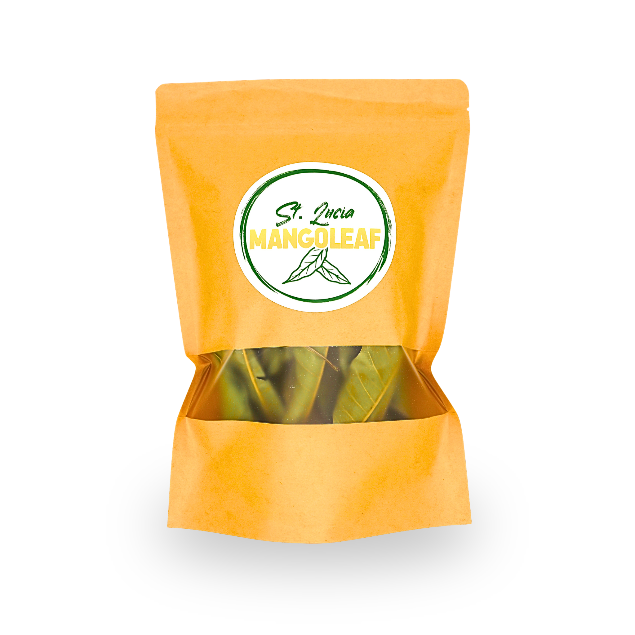 Yellow package of St. Lucia Mangoleaf with a visible brand label on a white background