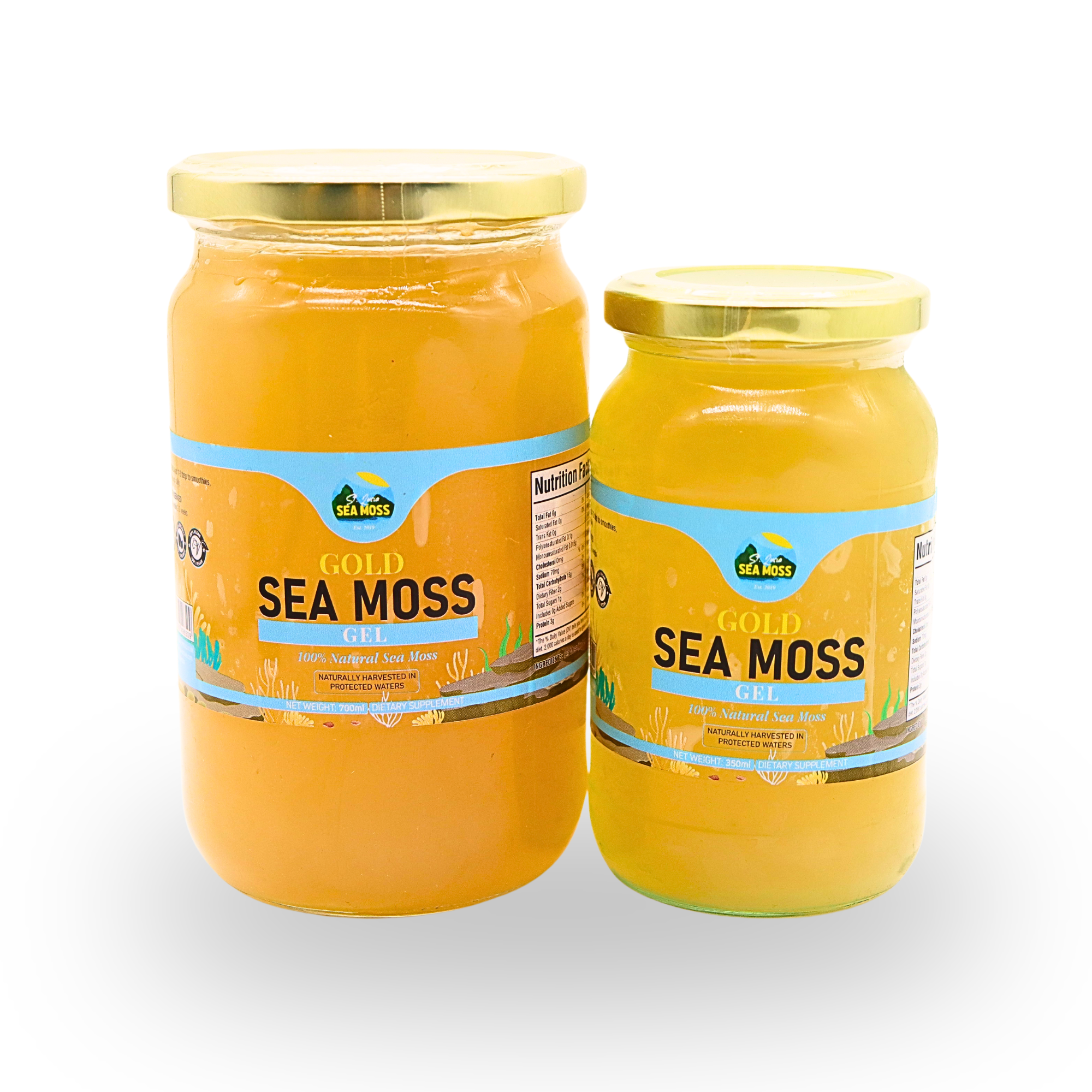 Two jars of Gold Sea Moss on a white background