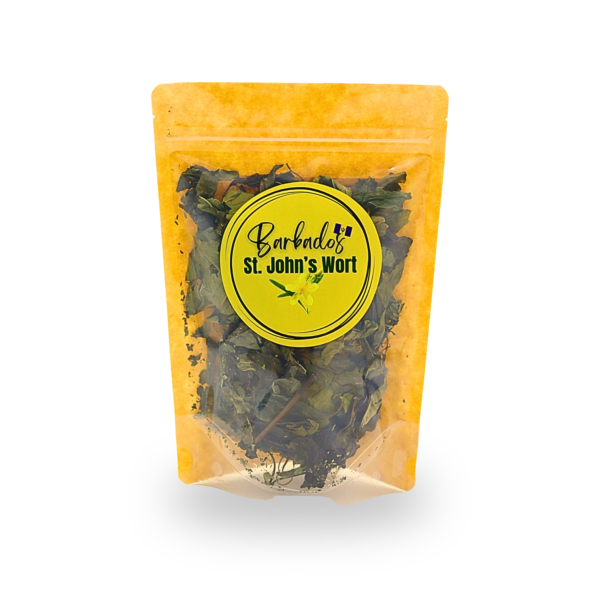 Packaged herbs with a yellow label on a white background