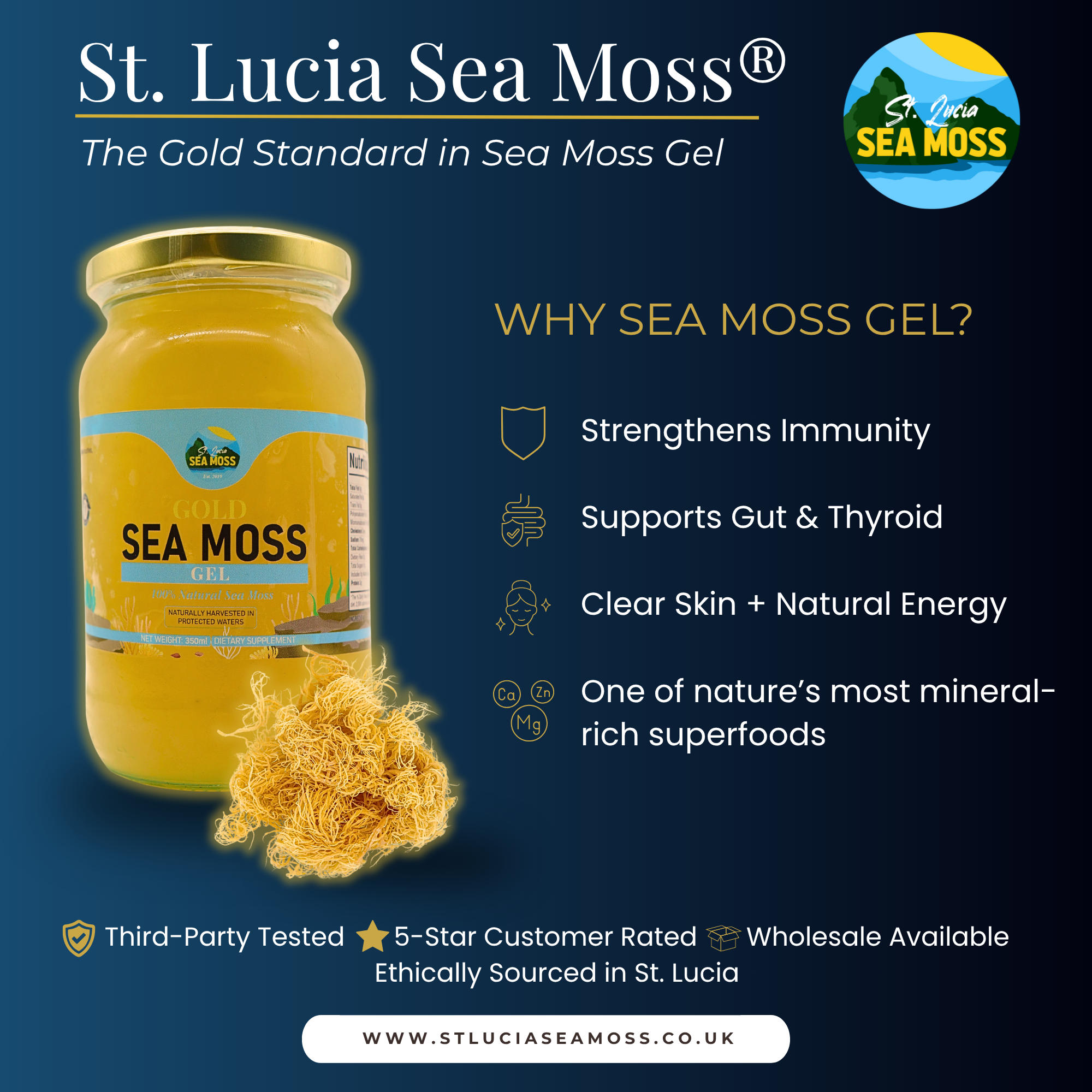 Advertisement for St. Lucia Sea Moss gel with a jar and sea moss strands on a dark blue background.