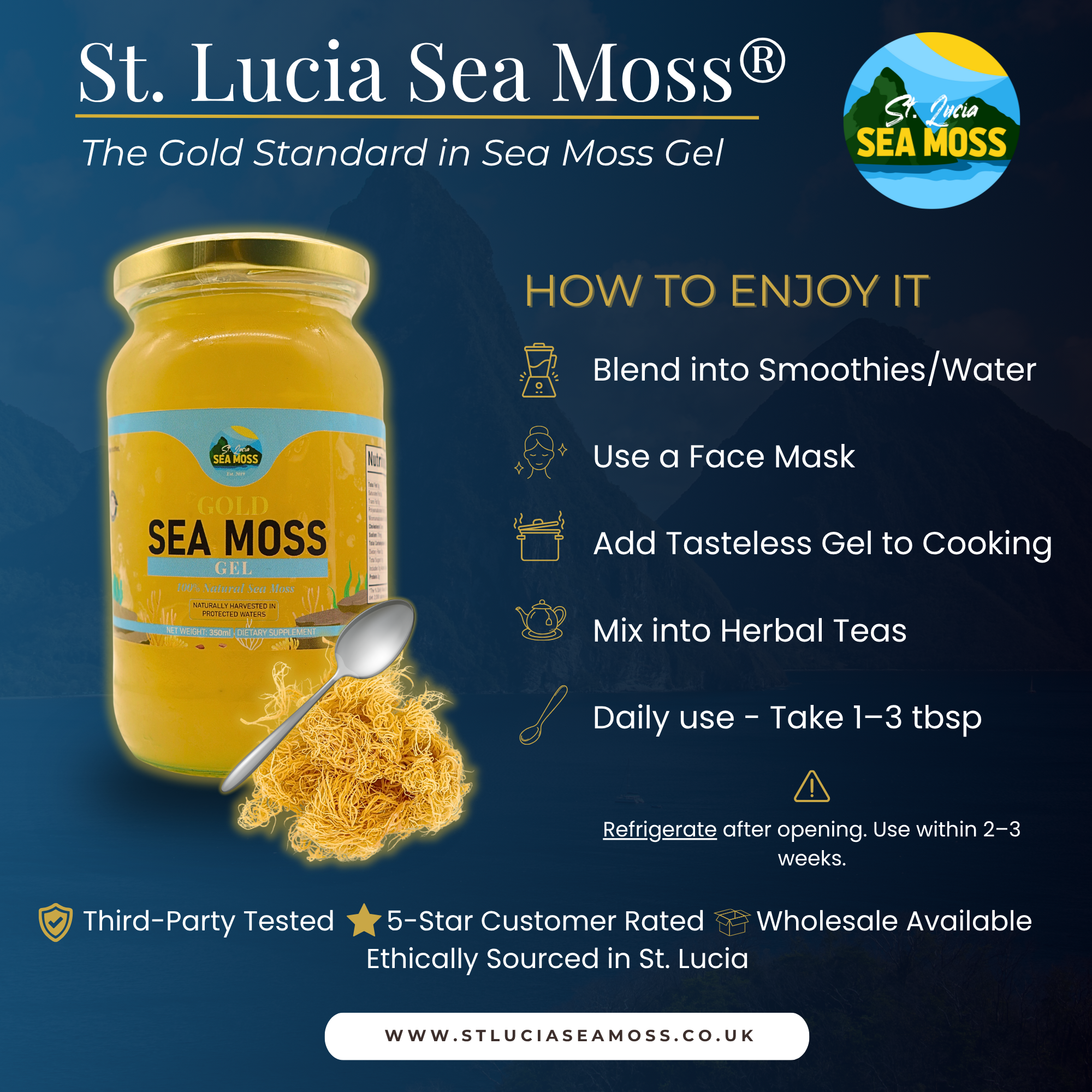 St. Lucia Sea Moss product with usage instructions on a blue background